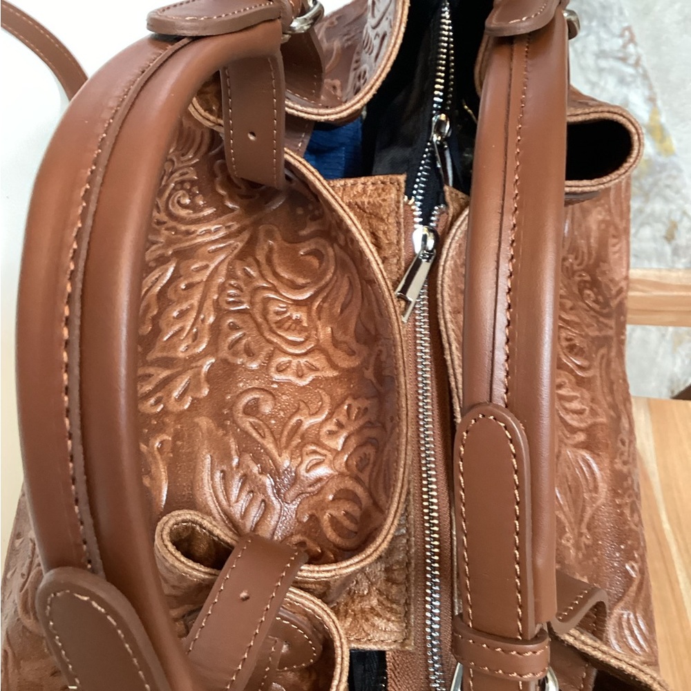 #585 Isadora Italian Leather Large Embossed Floral Leather Shoulder Bag - - Picture 8 of 16